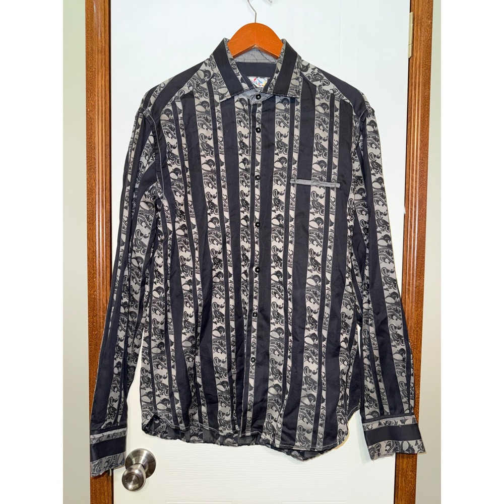 Brandolini Paisley Striped Button Down Shirt Mens Medium Black Grey Long Sleeve